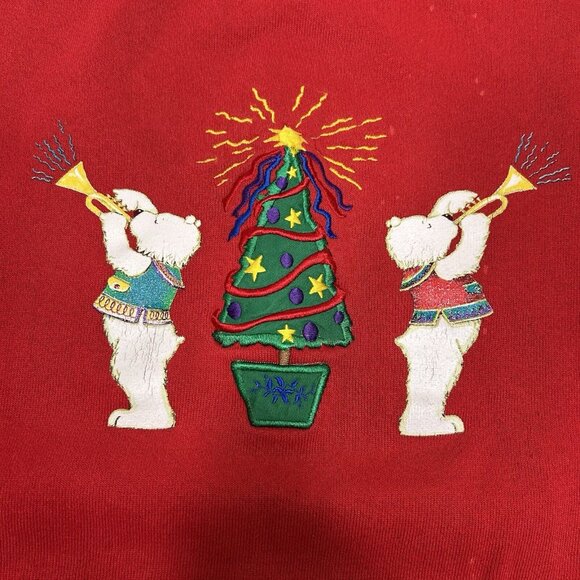 VTG Atlas Sportswear Women Red Pullover Sweatshirt Bears Christmas Tree Sz L USA - Picture 4 of 8